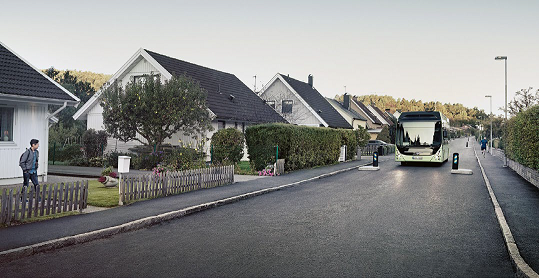 Bus on a street with a child getting out of a home